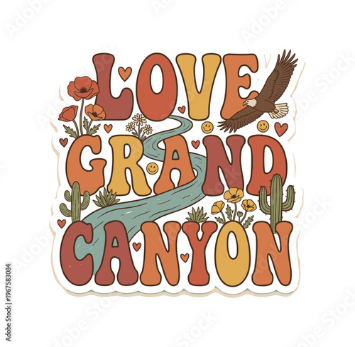 Playful 70s style sticker with LOVE FLORIDA in chunky decorative lettering, integrated with flamingo, hibiscus flowers, and a