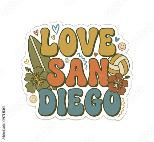 Playful 70s style sticker with LOVE HAWAII in chunky decorative lettering, integrated with surfboards, a smiling sun, and ocean