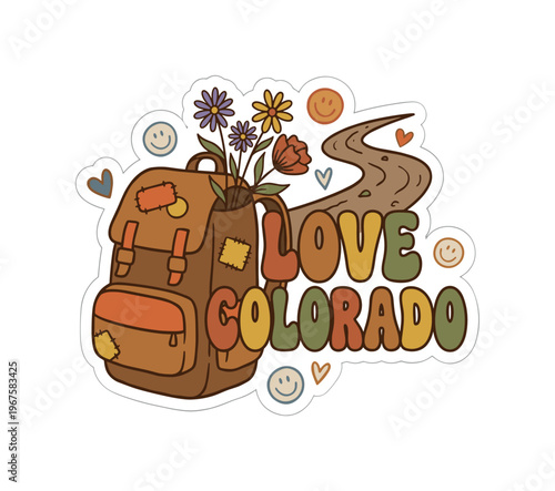 Playful 70s style sticker with LOVE ARIZONA in chunky decorative lettering, integrated with a stylized canyon landscape, desert