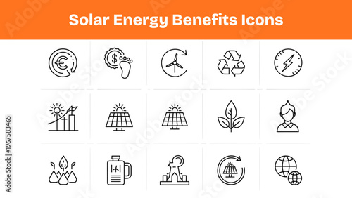 Solar Energy Benefits Line Icons Set – Eco Friendly Power, Sustainability Vector Collection