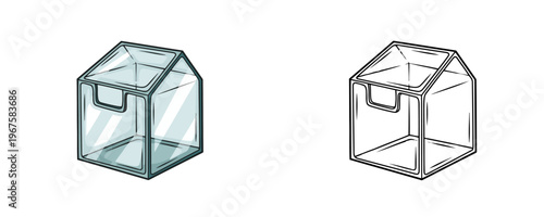 Cartoon glass terrarium illustration in colored and black line art styles light blue and grey tones house shaped greenhouse for plants isolated on white background