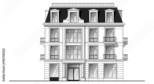 Elegant building facade with mansard roof and balconies.