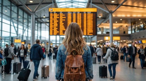 Woman waits at the airport terminal while looking at the departure board during busy travel hours
