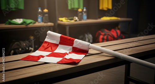Video Mockup A Football flag resting on a wooden bench, possibly inside a locker room.