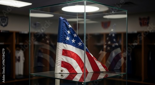 Video Mockup An American flag displayed in a glass case.