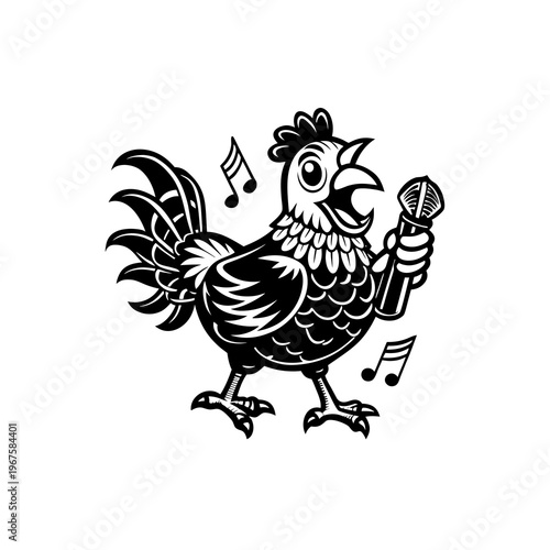A cartoon rooster holding a microphone and singing with musical notes around it.