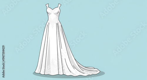 Elegant white wedding dress with intricate details and long train.