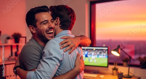 Video Mockup Two friends enthusiastically embrace with joy, inside the home setting