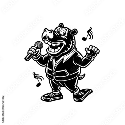 A cartoon illustration of a happy hippopotamus dressed in a suit, singing into a microphone with musical notes around it.
