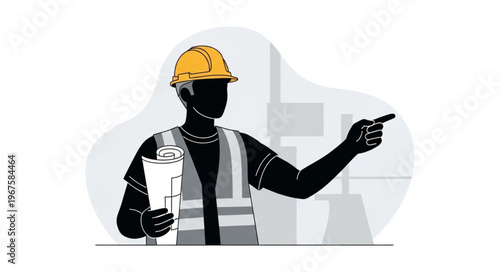 Construction worker in hard hat and vest pointing forward holding blueprints.