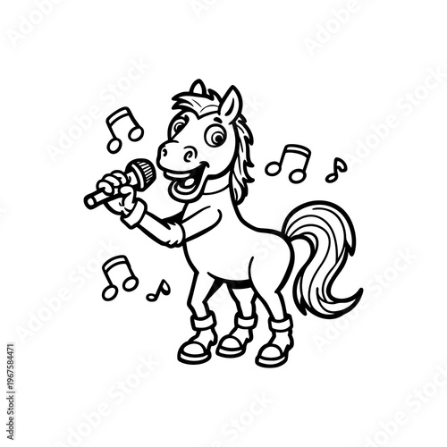 A cartoon horse with a microphone singing with musical notes around it.