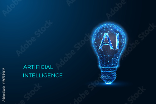 Artificial intelligence concept with glowing AI symbol inside digital light bulb on blue background