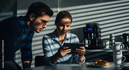 Video Mockup Focused pair thoughtfully examining a digital tablet in a well-lit space.