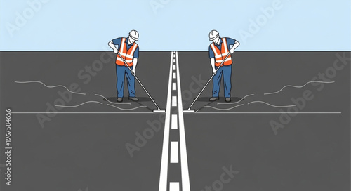 Construction workers applying white paint lines on asphalt road surface.