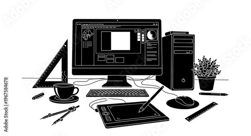 Graphic Designers Desk with Computer and Tools.