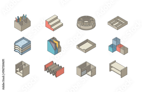 Collection of isometric office organization and storage solutions