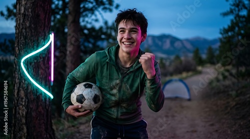 Video Mockup A young man celebrating a victory with a soccer ball.