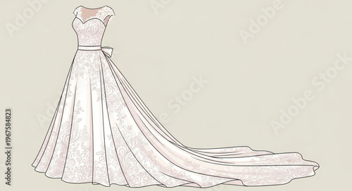 Elegant wedding dress with long train sketch illustration.