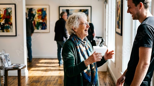 Video Mockup An engaging conversation happening in an art gallery.