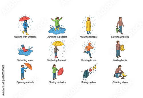 Collection of isometric illustrations depicting various rainy day activities and weather preparedness