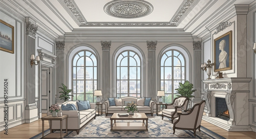 Elegant classical living room interior design with arched windows and ornate details.