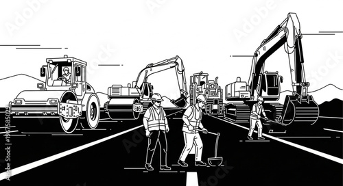 Construction workers and heavy machinery on a road construction site.