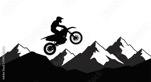 Motocross Rider Jumps Over Mountain Peaks Silhouette.