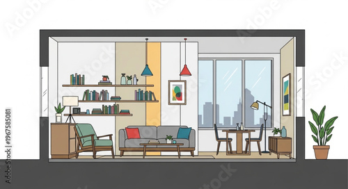 Modern Apartment Interior Design Cross Section View.