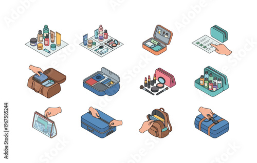 Packing and organizing travel essentials for a trip, including toiletries and clothing