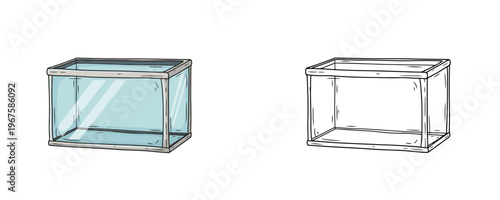 Cartoon glass aquarium illustration in colored and black line art styles light blue and grey tones empty rectangular fish tank for pet shop isolated on white background