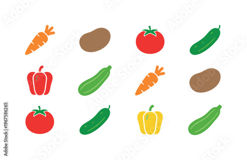 Collection of colorful vegetable icons including carrots, potatoes, tomatoes, and peppers
