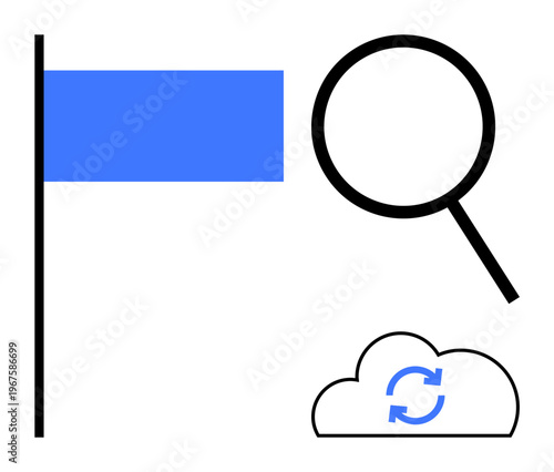 Blue flag, magnifying glass, and cloud with sync arrows highlighting goal setting, exploration, data refreshment. Ideal for progress tracking, updates, navigation, productivity analysis technology