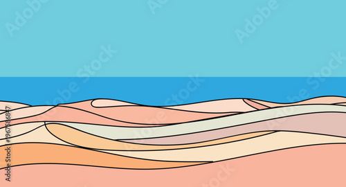 Stylized sea landscape with rolling dunes and a calm blue horizon