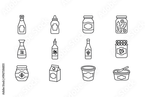 Bottle of ketchup, bottle of mustard, jar of mayonnaise, jar of pickles, bottle of soy sauce, bottle of oil, bottle of vinegar,