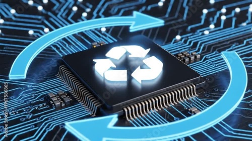 A computer processor chip with a recycling symbol on a circuit board, representing electronic waste management, sustainable technology, and hardware recycling