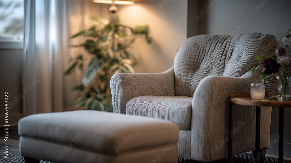 Fototapeta premium Medium shot of a calming therapy room with soft lighting and comfortable armchair focused blurred background with neutral tones creating a safe space for individual counseling.