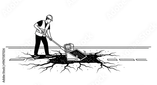 Construction worker repairing a cracked road surface with a tool.