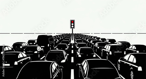 Heavy traffic jam on highway with red traffic light ahead.