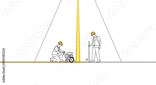 Two figures in a minimalist abstract setting with geometric lines.