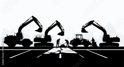 Construction site with excavators and workers repairing road.