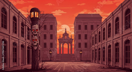 Pixel art courtyard with ancient buildings and sunset sky.