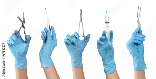 Schilderij op canvas Medical instruments in hands against white background, set