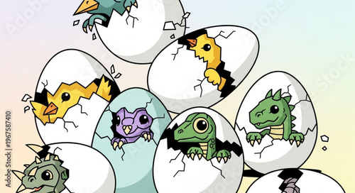 Cute baby dinosaurs hatching from eggs illustration.