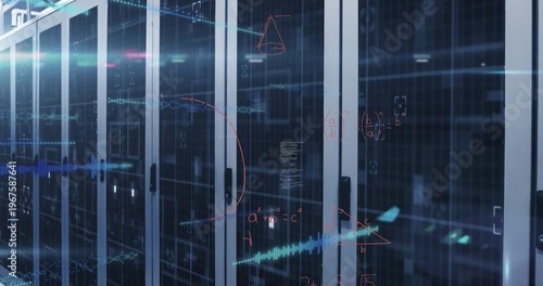 Animation of purple light trails over computer servers