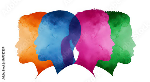 Watercolor profile silhouettes of diverse group of people in orange blue pink and green colors overlapping to represent community and inclusivity.
