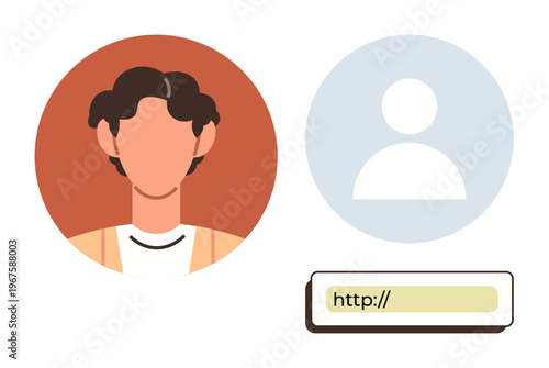 Online account setup, digital identity, social media, data privacy, user profile management, internet security. Person avatar and blank profile icon with a web address bar. Online identity