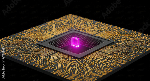 Conceptual 3d render of futuristic microchip motherboard featuring square purple energy crystal and decorative golden electrical line distributions.