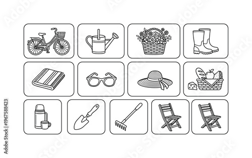 A summer dacha trip composition featuring a bicycle, watering can, basket of flowers, picnic blanket, sunglasses, sun hat, boots,