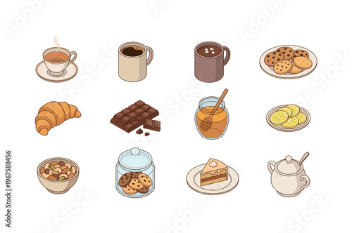 Warm drinks and treats including hot chocolate, tea cup, coffee mug, cinnamon sticks, marshmallows, cookies, gingerbread, honey