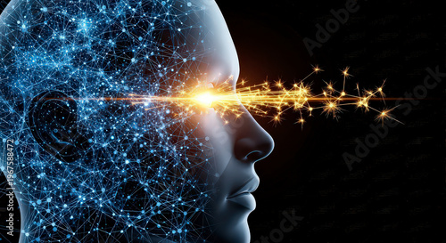Digital brain network conceptualizes artificial intelligence and human consciousness with glowing connections and laser light focusing on eye.